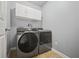 Functional laundry room with modern washer and dryer units and white storage cabinets at 6329 Edgewater Cv, Fairburn, GA 30213