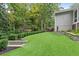 A view of the manicured backyard featuring stone-lined garden beds and artificial turf at 2908 Mabry Ne Ln, Brookhaven, GA 30319