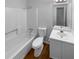 Clean, well-maintained bathroom with a shower-tub combo, and a crisp white vanity at 320 Rebecca Lake Way, Fairburn, GA 30213