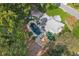 Aerial view of the home's backyard featuring a private pool, patio area, and lush landscaping at 1210 Swan Mill Ct, Suwanee, GA 30024