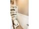 Charming powder room with classic white wainscoting and stylish decorative shelves at 3406 Ravensworth Nw Trce, Kennesaw, GA 30144