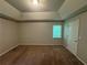 Main bedroom with tray ceiling, window, and carpet at 194 Spring Leaf Dr, Dallas, GA 30157