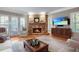 Cozy living room with stone fireplace and hardwood floors at 5040 Harrington Rd, Johns Creek, GA 30022