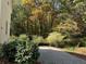 Wooded backyard with a paved patio and lush greenery at 26 Flint Ridge Se Dr, Mableton, GA 30126