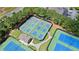 Aerial view of well-maintained tennis courts surrounded by lush greenery, perfect for active living at 8150 Albritton Downs, Cumming, GA 30041