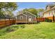 Gray outbuilding with a wooden porch in a fenced backyard with a grass yard at 1331 Walker Ave, Atlanta, GA 30344