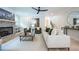 Cozy living area featuring a stone fireplace, ceiling fan, and neutral decor, creating a comfortable and inviting space at 1709 Eastside Parc St, Atlanta, GA 30316