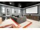 Modern home theater with a large screen, gray sofa, black ceiling, and custom cabinets for equipment and decor at 980 Fenimore Cir, Sandy Springs, GA 30350