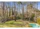 Backyard view featuring a pool surrounded by lush greenery and mature trees at 3184 Wood Valley Nw Rd, Atlanta, GA 30327