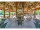 Outdoor covered patio with a stone fireplace and comfortable seating at 879 Big Horn Hollow, Suwanee, GA 30024