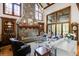 Bright living room with stone fireplace and a chandelier, complemented by comfortable seating and hardwood flooring at 879 Big Horn Hollow, Suwanee, GA 30024