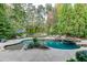 Beautiful backyard pool with waterfall feature, surrounded by lush landscaping and mature trees at 879 Big Horn Hollow, Suwanee, GA 30024