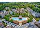 Aerial view of a resort-style community pool and neighborhood showcasing an amenity-rich environment at 703 Hammond Dr, Woodstock, GA 30188