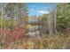 Scenic view of the pond reflecting the surrounding trees, showcasing the serene natural beauty of the property at 802 Oak Promenade Ln, Canton, GA 30115