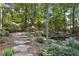 Serene backyard oasis with stone steps leading to a tranquil pond surrounded by lush greenery and mature trees at 1400 Lamont Cir, Dacula, GA 30019
