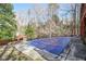 Swimming pool with blue cover, surrounded by trees and a deck at 1801 Laurel Creek Se Trl, Smyrna, GA 30080