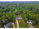 Aerial view of house nestled in a wooded area with a long driveway at 3545 Silver Vista Ct, Cumming, GA 30041