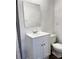 Compact bathroom features white vanity and toilet against neutral walls at 6185 Bermuda St, Forest Park, GA 30297