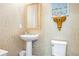 Intimate powder room featuring a pedestal sink, toilet, and decorative wall art at 2341 Brissett Ln, Brookhaven, GA 30319