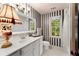 Stylish bathroom with a white vanity and striped walls at 4250 Edgewater Nw Ct, Kennesaw, GA 30144