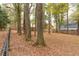 View of the backyard with trees, a fence, and leaves scattered on the ground at 101 Emily Ln, Carrollton, GA 30116