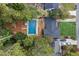 Aerial view showcasing a pool and surrounding homes at 956 Cardova Dr, Atlanta, GA 30324