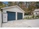 Detached two-car garage with blue doors, concrete driveway, and partial American flag view at 112 Christopher Ln, Stockbridge, GA 30281