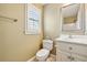 Bathroom with a white vanity, toilet, and window with blinds, creating a clean and inviting space at 220 Spring Branch Dr, Canton, GA 30115