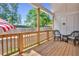 Relaxing porch with wood railings and floors featuring wicker furniture and an American flag at 124 Pearl St, Woodstock, GA 30188