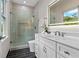 Beautiful bathroom featuring a glass shower, white vanity, and a large, bright window at 2941 Lookout Ne Pl, Atlanta, GA 30305