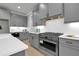Close up of gourmet stainless steel oven with grey cabinets and white backsplash in a modern kitchen at 3745 Pilgrim Mill Rd, Cumming, GA 30041