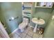 Cozy bathroom featuring built in shelving beside the toilet and pedestal sink at 110 Cove Ln, Social Circle, GA 30025
