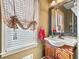 Bathroom features a sink with decorative mirror, patterned window shade, and tan walls at 291 Miquel Jorge Ln, Canton, GA 30115