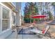 Relaxing patio with seating area, umbrella, and lush landscaping at 905 Fairview Club Cir, Dacula, GA 30019