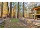 Landscaped backyard with rock water feature and wooded backdrop at 3830 High Point Cir, Cumming, GA 30041