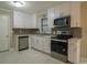 Modern kitchen featuring white cabinets, stainless steel appliances, and gray backsplash at 3685 Emily Way, Atlanta, GA 30349