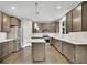 Modern kitchen with stainless steel appliances, gray cabinets, an island, and hardwood floors at 147 Stargaze Rdg, Canton, GA 30114