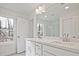 Bathroom with dual sink vanity, bright lighting, and view of the outdoors at 695 Sunstone Ln, Lawrenceville, GA 30043