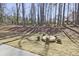 A well-maintained backyard features green grass, mature trees, and a cozy fire pit area at 689 Sunstone Ln, Lawrenceville, GA 30043