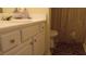 Traditional bathroom showcasing vanity with white cabinets and laminate top, with shower and rug at 2562 Pendergrass Ct, Ellenwood, GA 30294