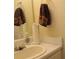 A bathroom includes a vanity with a white sink and a decorative hand towel at 2562 Pendergrass Ct, Ellenwood, GA 30294