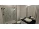 Bathroom with a glass shower, toilet, and modern vanity with a black countertop at 161 Brush Creek Ct, Stockbridge, GA 30281
