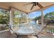 Covered back porch with view of lake featuring fountain and natural treeline at 6191 Talmadge Run, Acworth, GA 30101