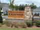Welcoming entrance sign for Crestwood community with beautiful landscaping and craftsman-style architecture at 1059 Crest Mill Dr, Marietta, GA 30008