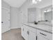 Bathroom featuring double sinks with granite countertops and white cabinetry, exuding modern elegance at 413 Solace Pl, Canton, GA 30114