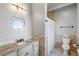 Clean bathroom, granite countertop, shower, and toilet at 1055 Leadenhall St, Alpharetta, GA 30022