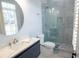 Bathroom featuring a glass shower with white marble surround, modern toilet, vanity, and shutters at 2015 Shaudi Ln, Atlanta, GA 30345