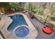 Aerial view of a backyard featuring an in-ground pool, hot tub, and ample outdoor seating at 2015 Shaudi Ln, Atlanta, GA 30345