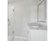 Modern bathroom featuring granite countertops, white cabinets, and a glass-enclosed shower at 3108-A Brownstone Se Ln, Atlanta, GA 30354