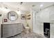 Stylish bathroom with a glass shower, updated vanity, and decorative tile flooring at 309 Creekbank Se Way, Smyrna, GA 30082